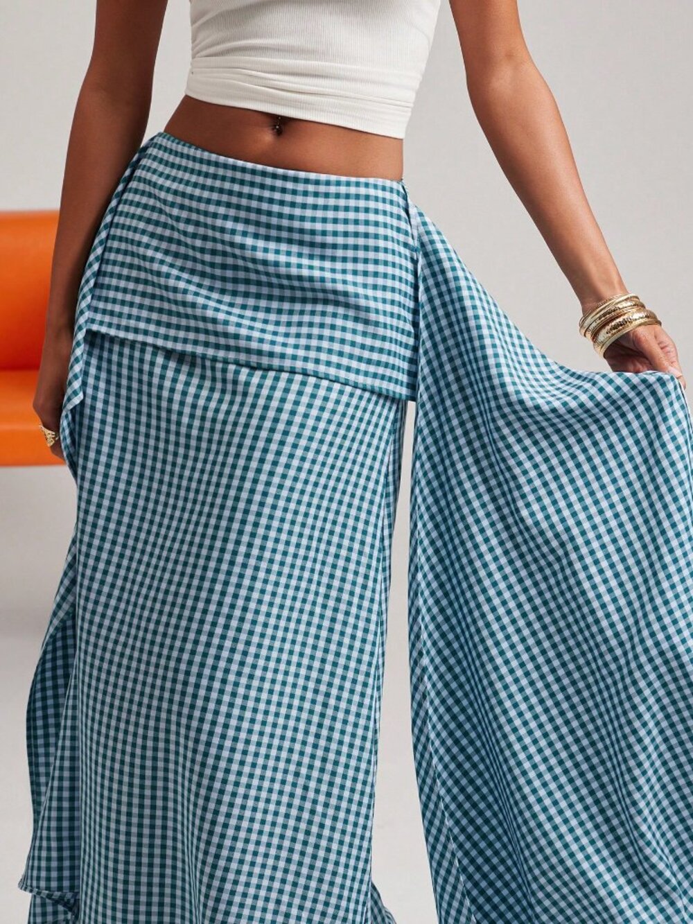 Multicolor Casual Women's Gingham Plaid Tiered Flare A-Line Midi Skirt - Picture 6 of 6